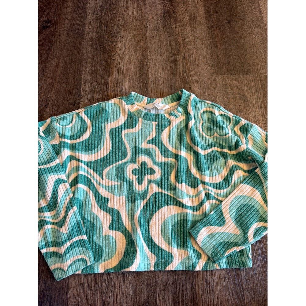 HM Kids Teal White Psychedelic Swirl Ribbed Knit Long Sleeve Top Size 8-10Y